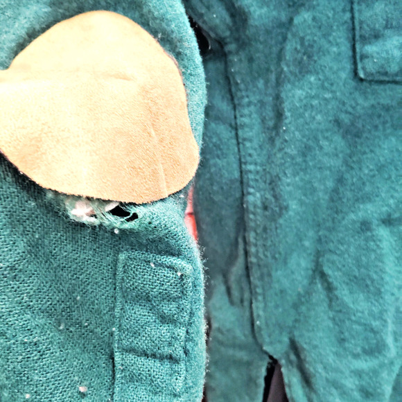 Woolrich Button Up Shirt Men's Green Wool Long Sleeve Elbow PSmalatches Collared - Picture 7 of 15